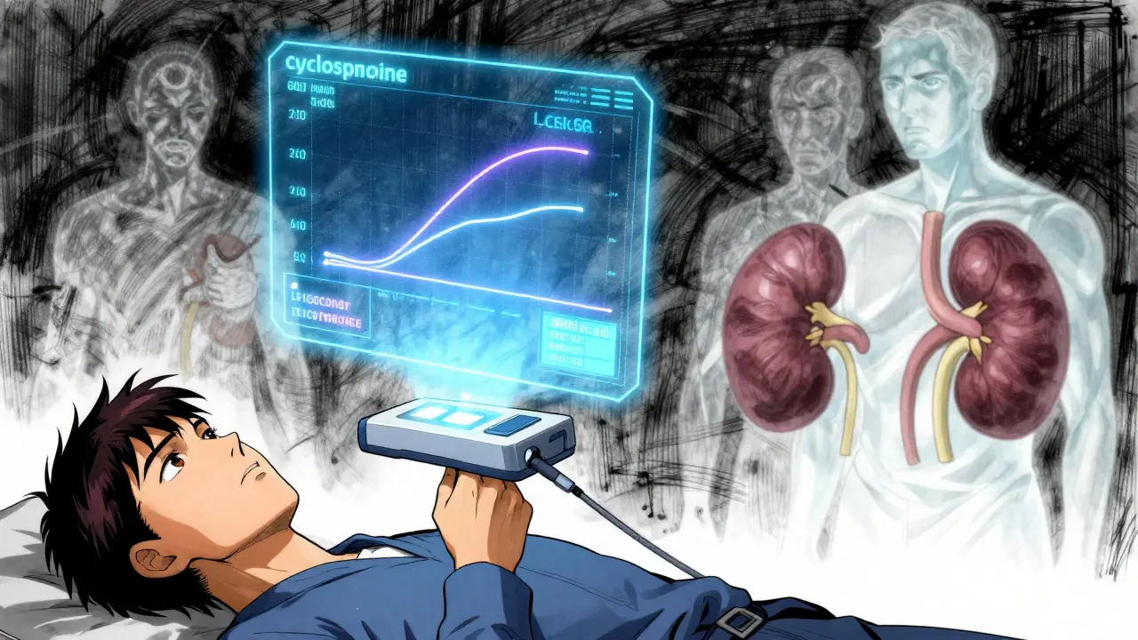 Futuristic device reading cyclosporine levels via hologram, ghostly faded patients behind, symbolizing progress in transplant care.