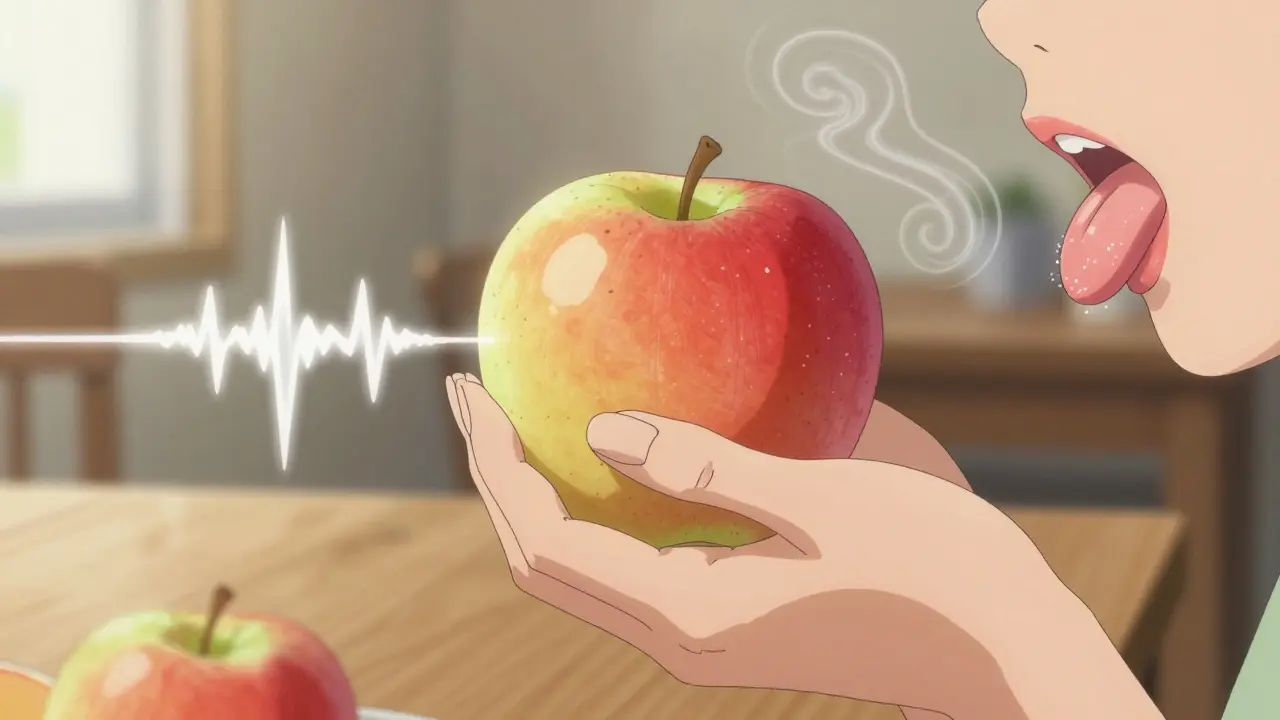 Hands holding an apple as sensory elements—color, scent, sound, texture, taste—visually surround the meal.
