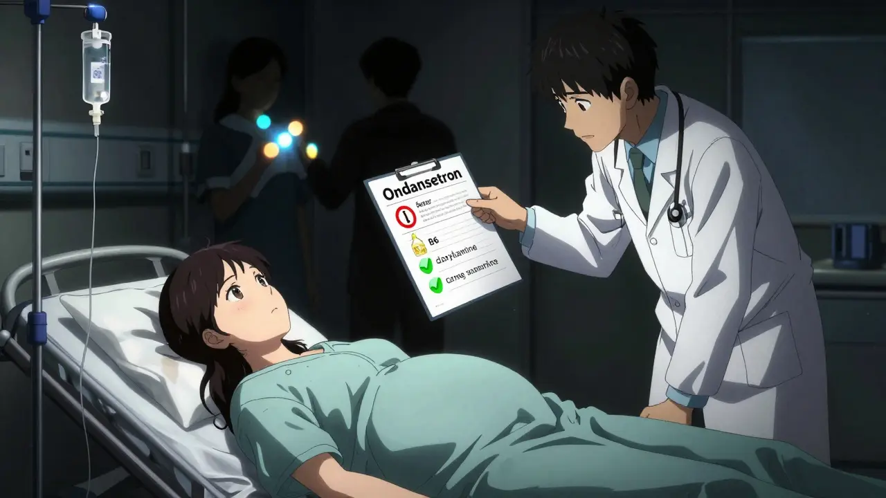 Hospital scene with doctor pointing to medication chart, warning symbols glowing red.