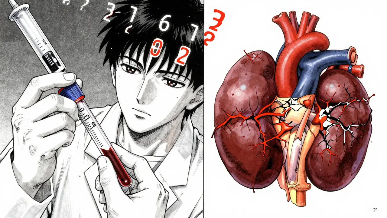 Lab technician drawing blood into an EDTA tube, beside a broken tube spilling false readings, with a cracking kidney in the background.