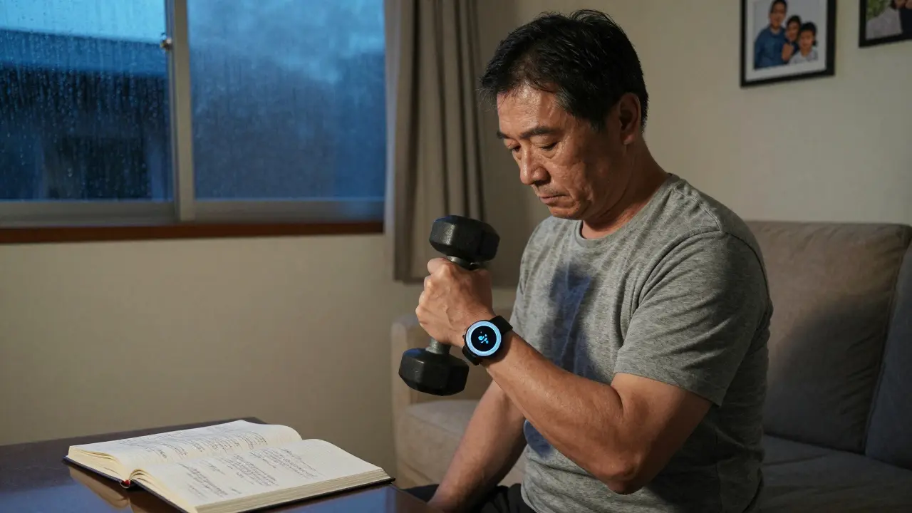 Man doing light strength training at home at dusk, wrist monitor glowing, journal and family photo in background.