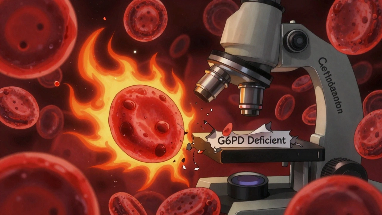 Microscope view of red blood cells bursting under chemical attack, with Heinz bodies and drug labels in a warlike scene.