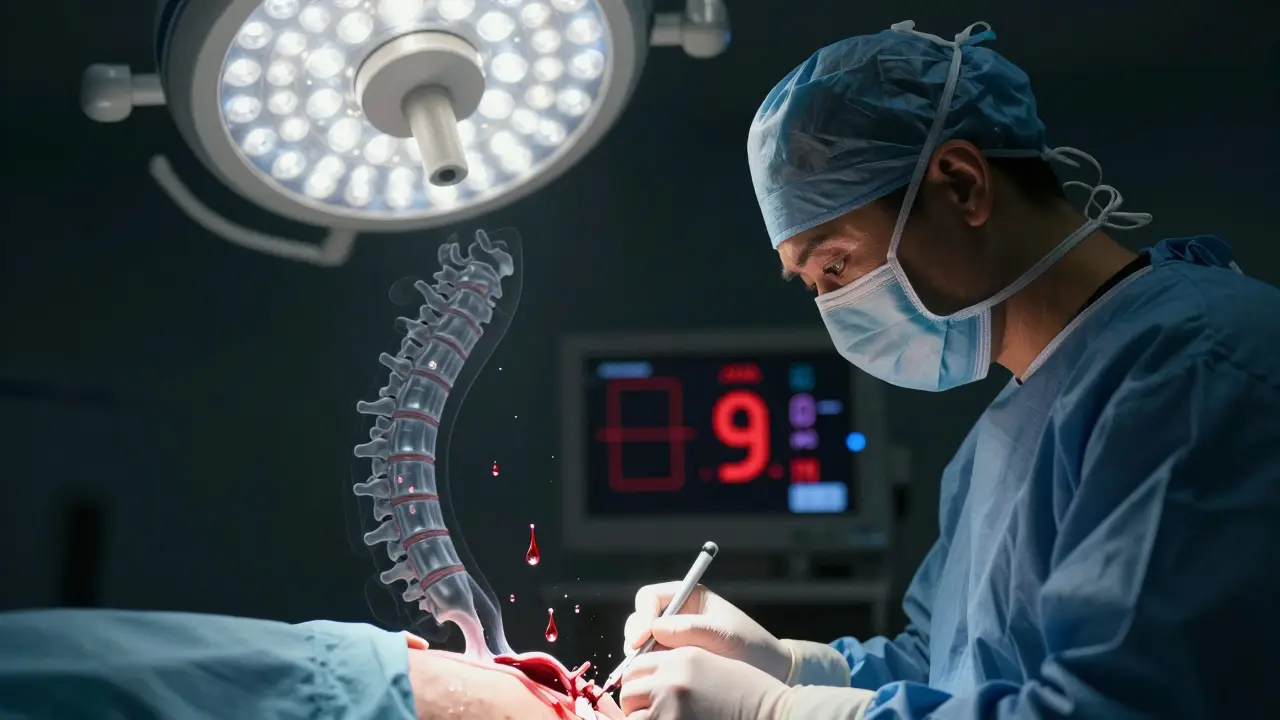 Neurosurgeon performing cervical fusion, with translucent spinal cord compression and glowing JOA score in background.