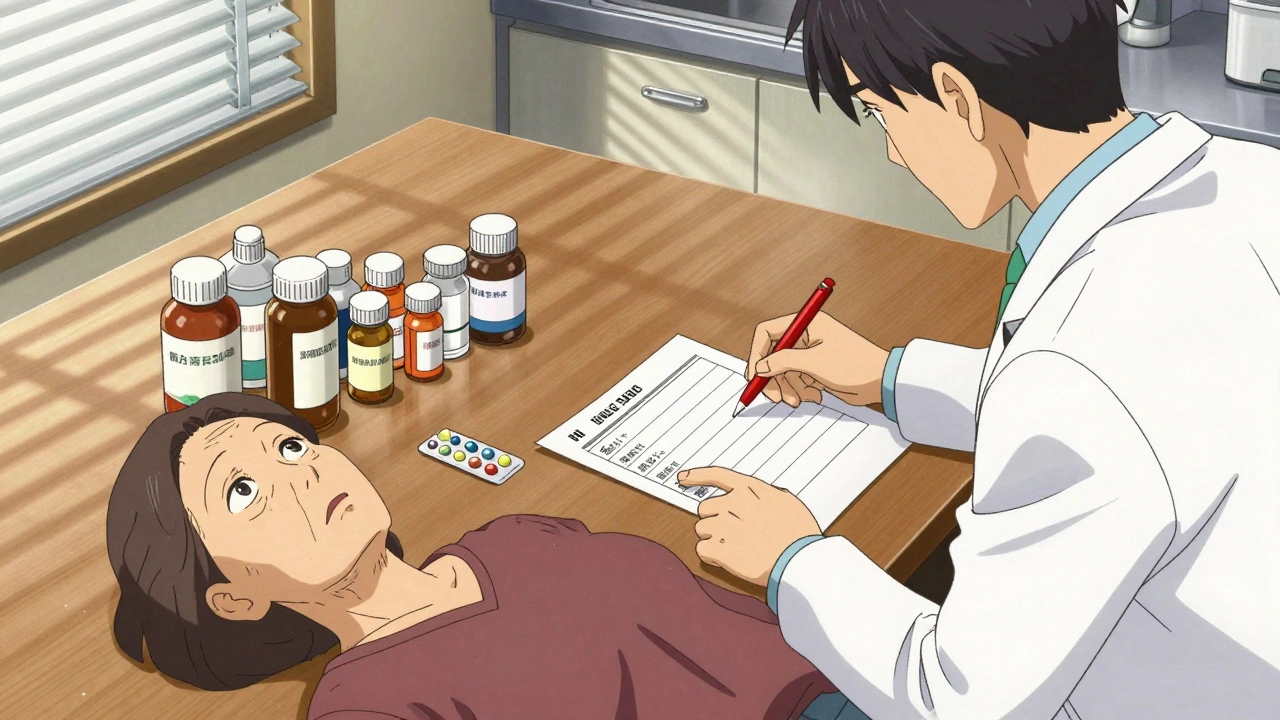 Older woman and pharmacist reviewing medications at a cluttered kitchen table.