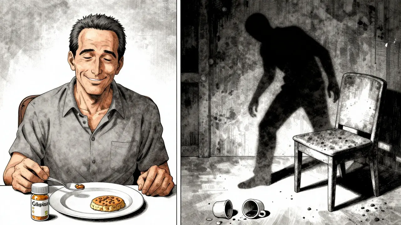 Patient eating breakfast with glipizide bottle nearby, while glyburide casts a dark shadow over an empty chair.