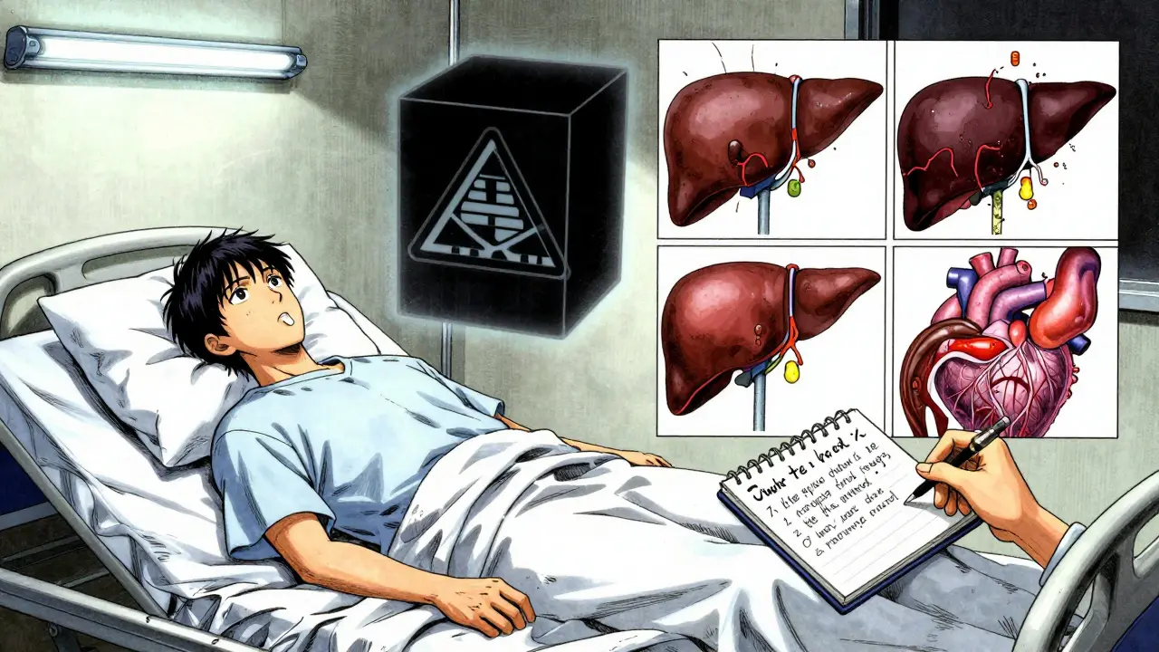 Patient in bed with a spectral black box warning above them, flashbacks showing drug side effects in dramatic ink style.