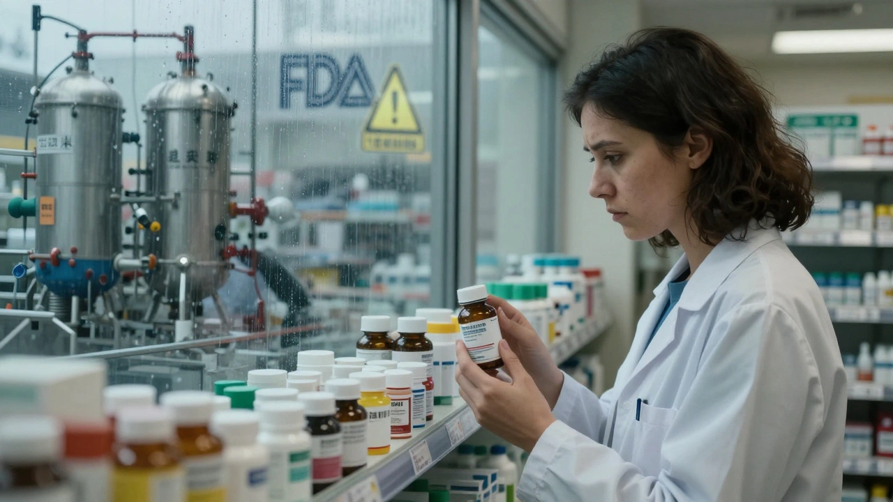 Patient in pharmacy, reflection shows Chinese and Indian drug supply chains, rain on window.