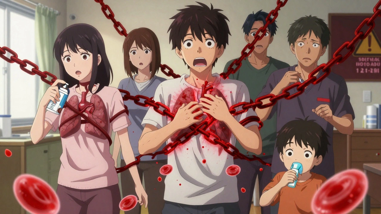 People in daily life suddenly bound by crimson chains as red blood cells fall around them, symbolizing drug-induced hemolysis.