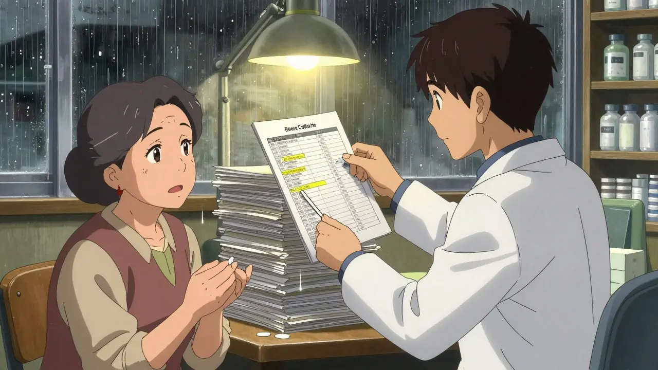 Pharmacist reviewing medication records with anxious elderly patient in dim pharmacy.