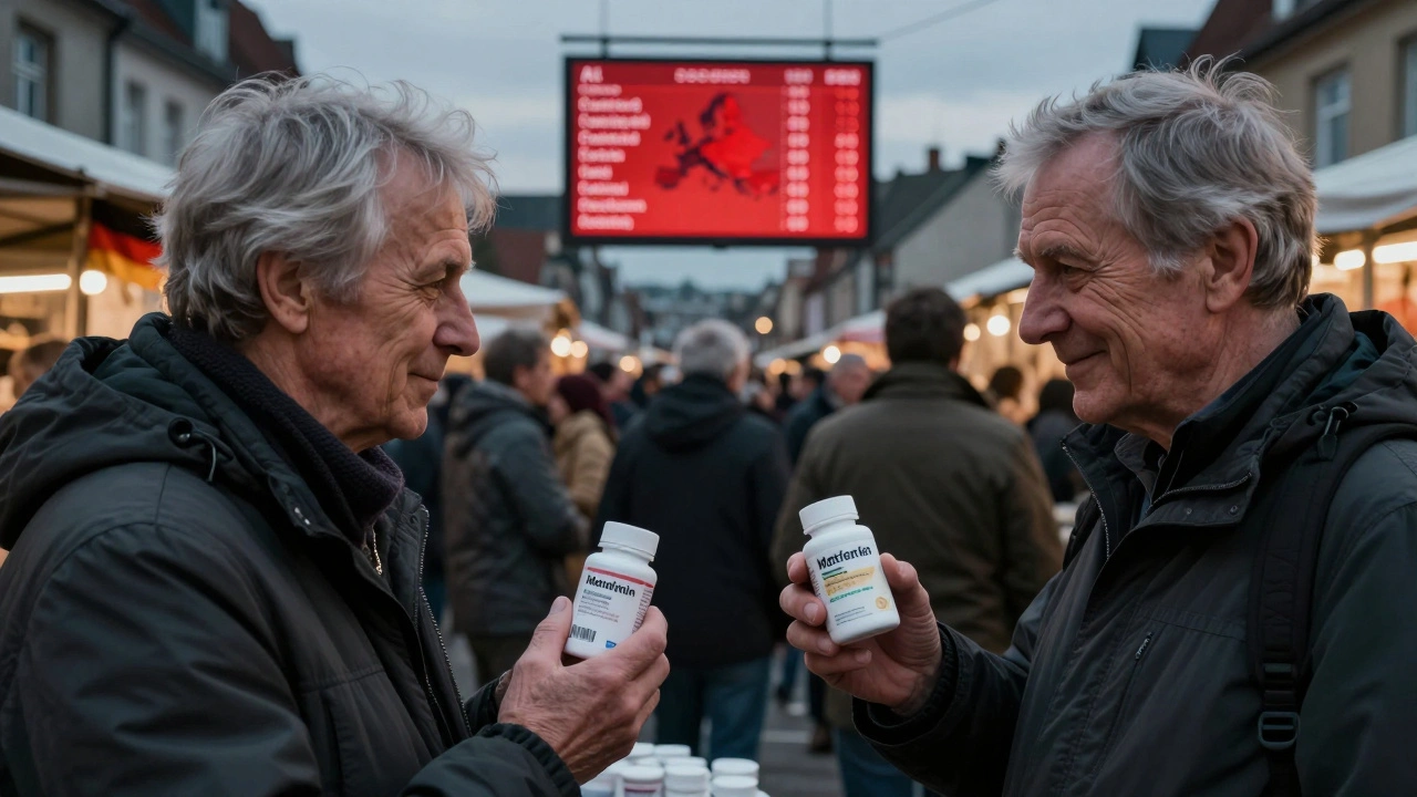 Retirees from Germany and Poland buy the same generic drug in a border town, with a digital stock dashboard visible in the background.