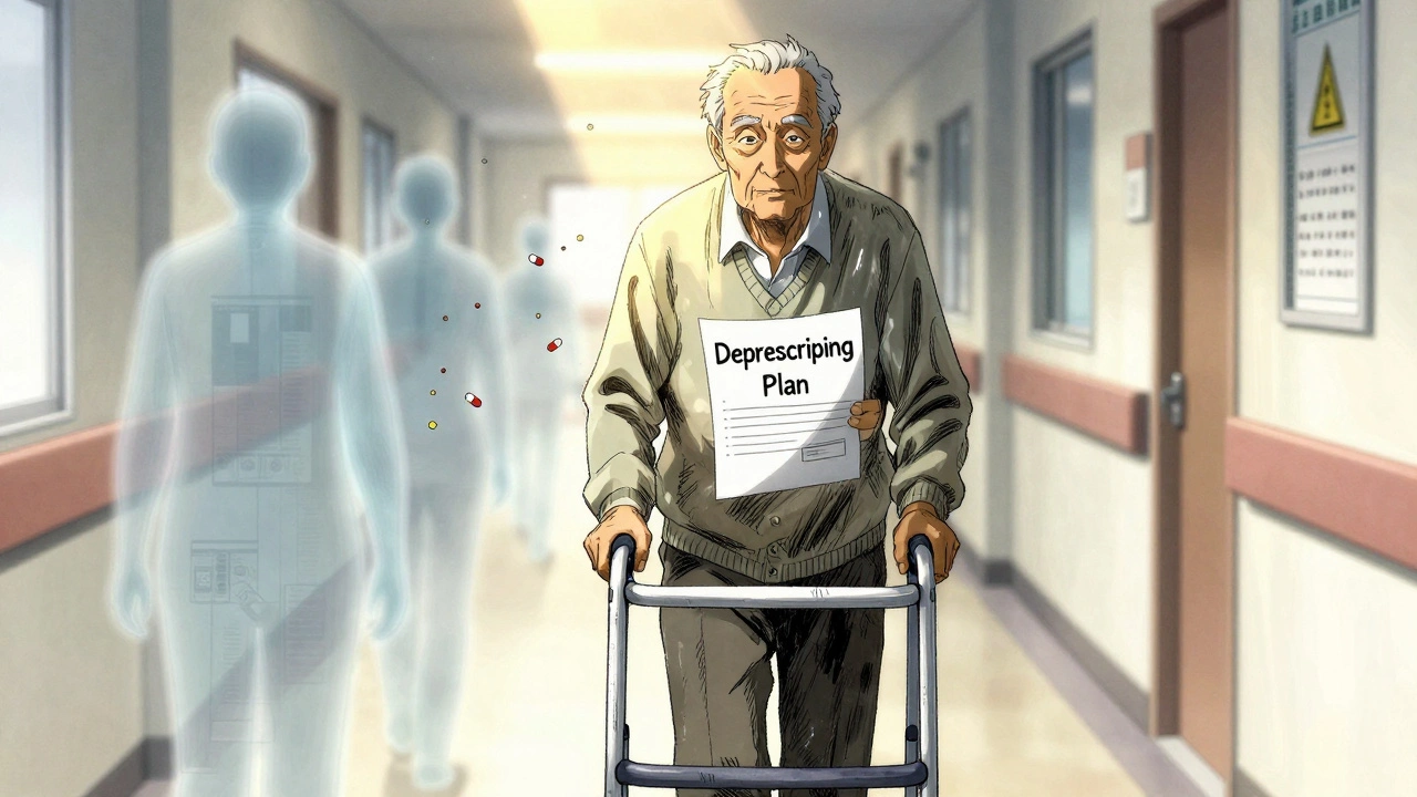 Senior walking with walker as ghostly pills fade behind them in hospital corridor.
