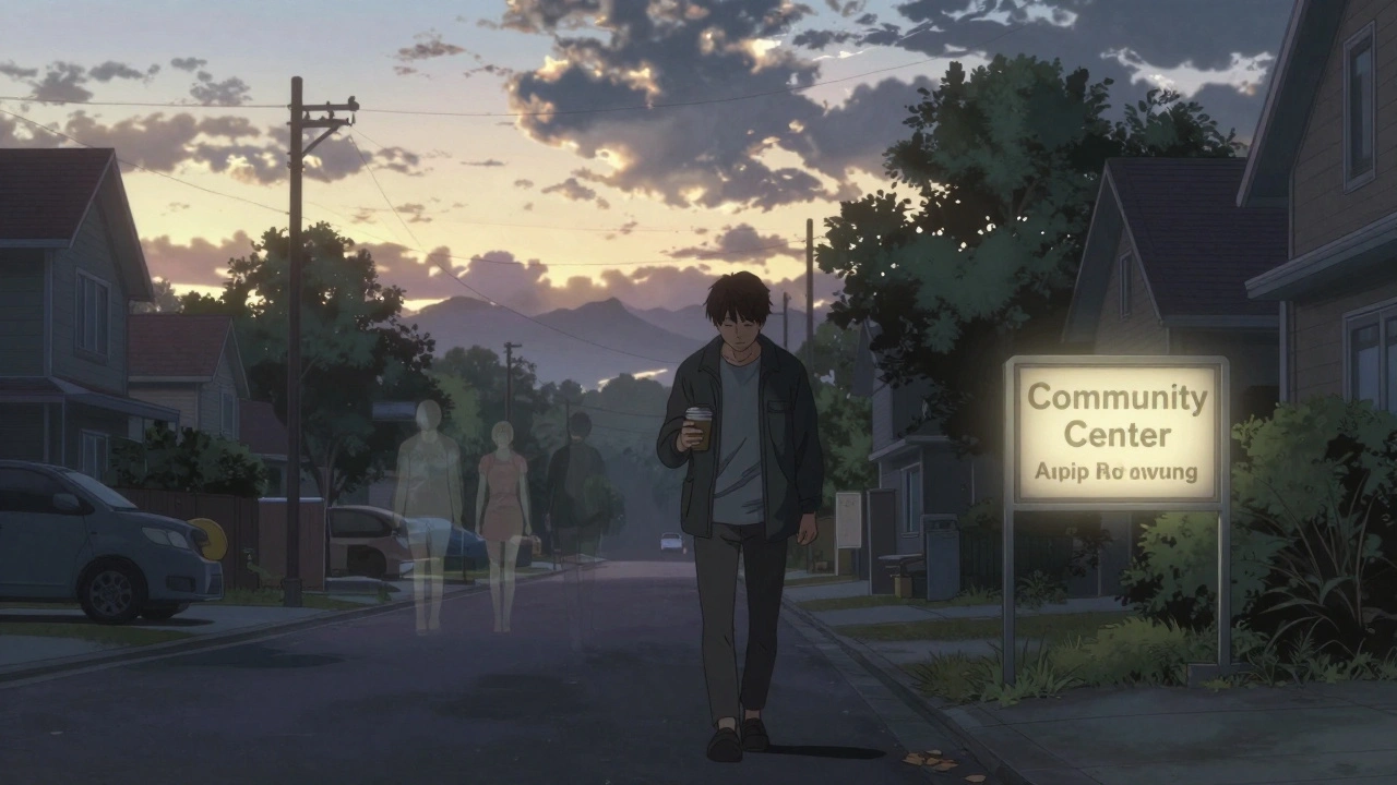 Someone walking toward a community center at dusk, symbolizing recovery and hope after opioid detox.