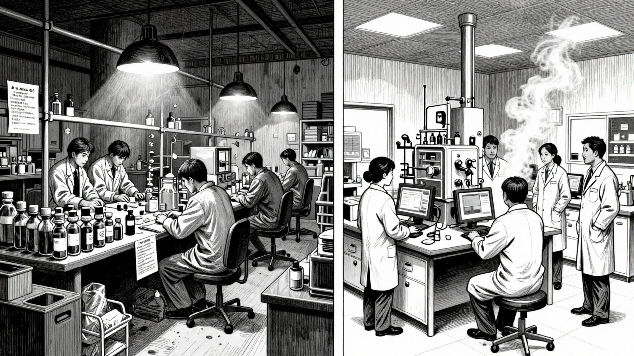 Split scene: chaotic Chinese API factory vs. clean Indian pharma lab, gritty ink style.