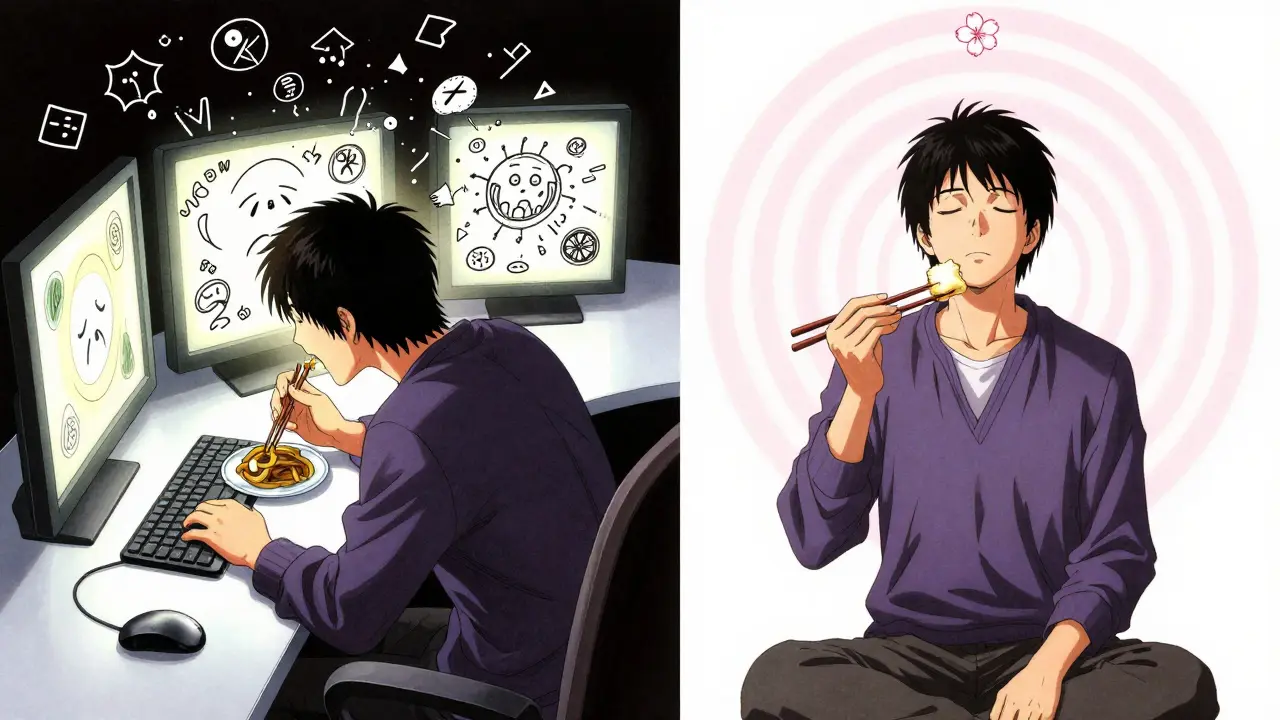 Split scene: chaotic eating at a desk vs. peaceful mindful bite, with a cherry blossom marking transformation.