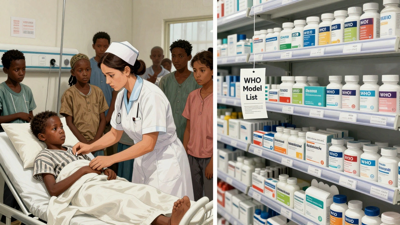 Split scene: child receiving generic medicine in poor clinic vs. branded drugs in U.S. pharmacy, connected by WHO list.