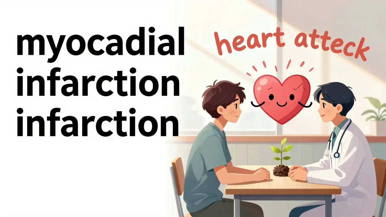 Split-screen: clinical term on left, plain language 'heart attack' on right, patient and doctor connect in sunlight.