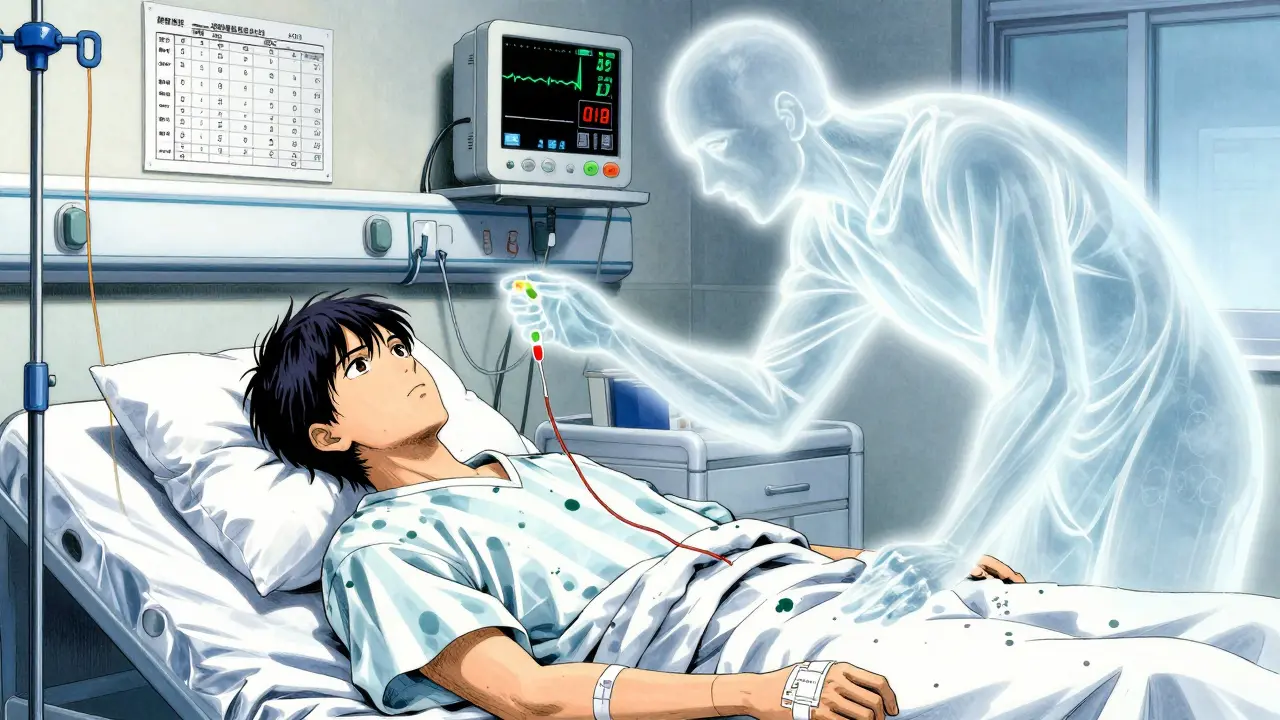 Transplant patient in hospital bed with ghostly St. John’s Wort draining medication levels, medical monitors showing dangerous drops.