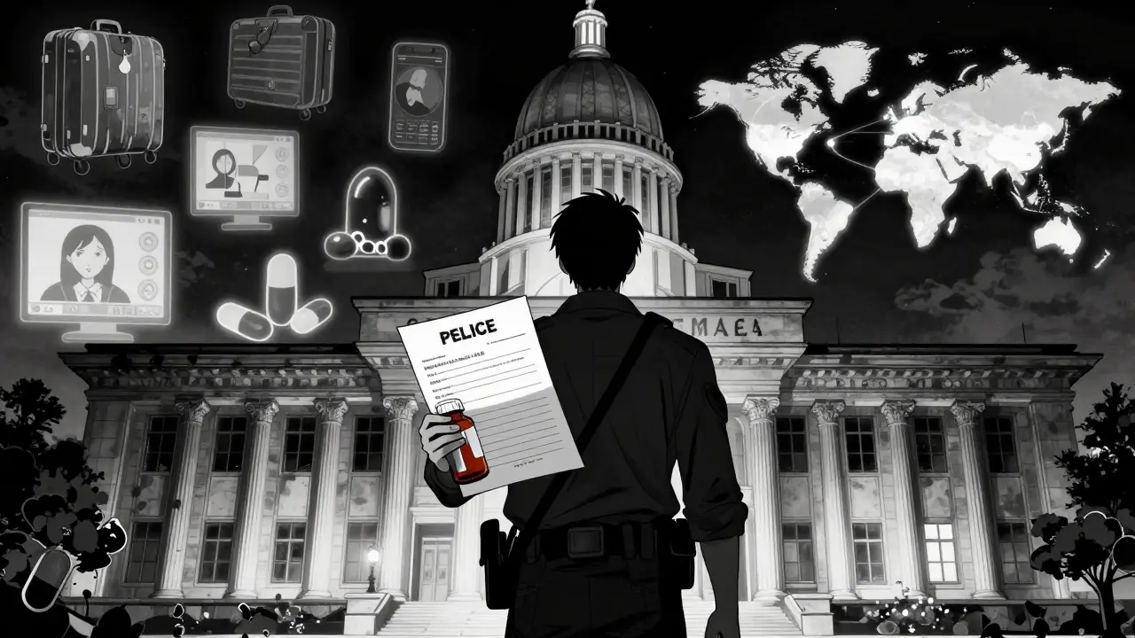 Traveler at embassy holding police report, ghostly images of lost meds and global routes behind.