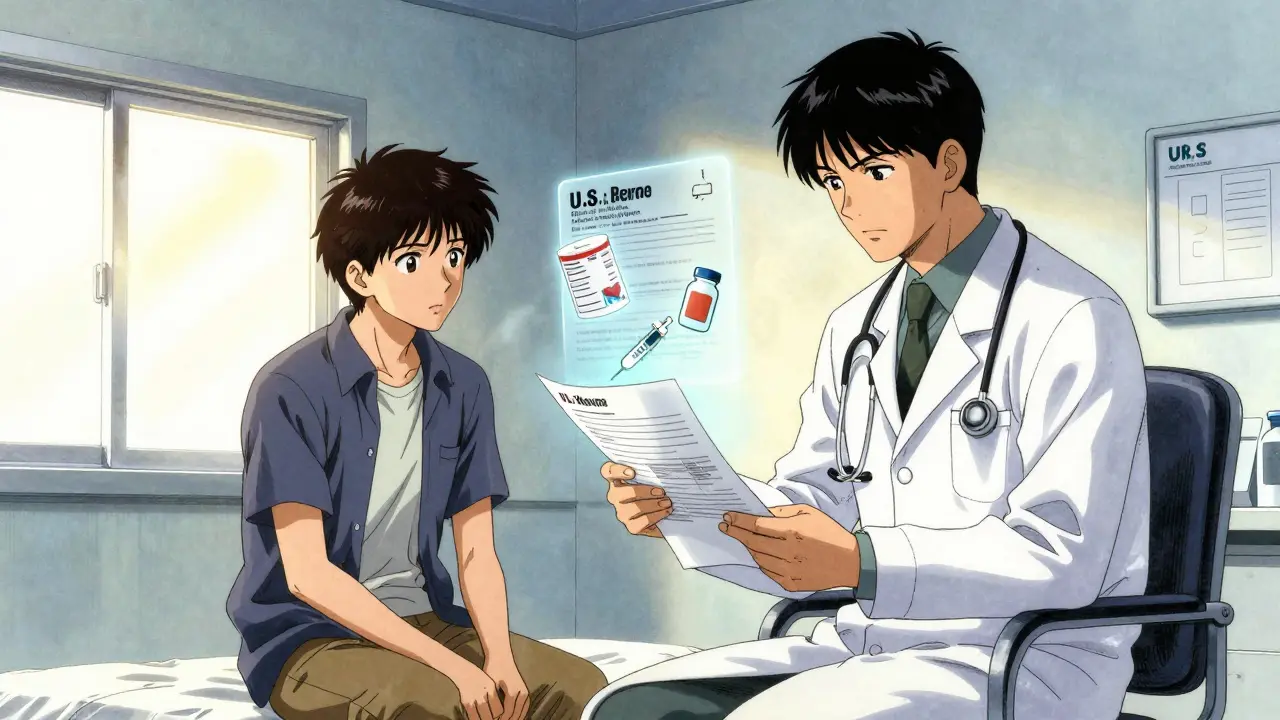 Traveler consulting a doctor in an international clinic with medical documents floating nearby.