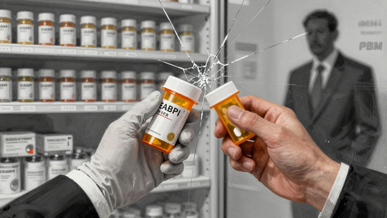 Two hands holding identical pills — one branded, one generic — with a shadowy figure watching.