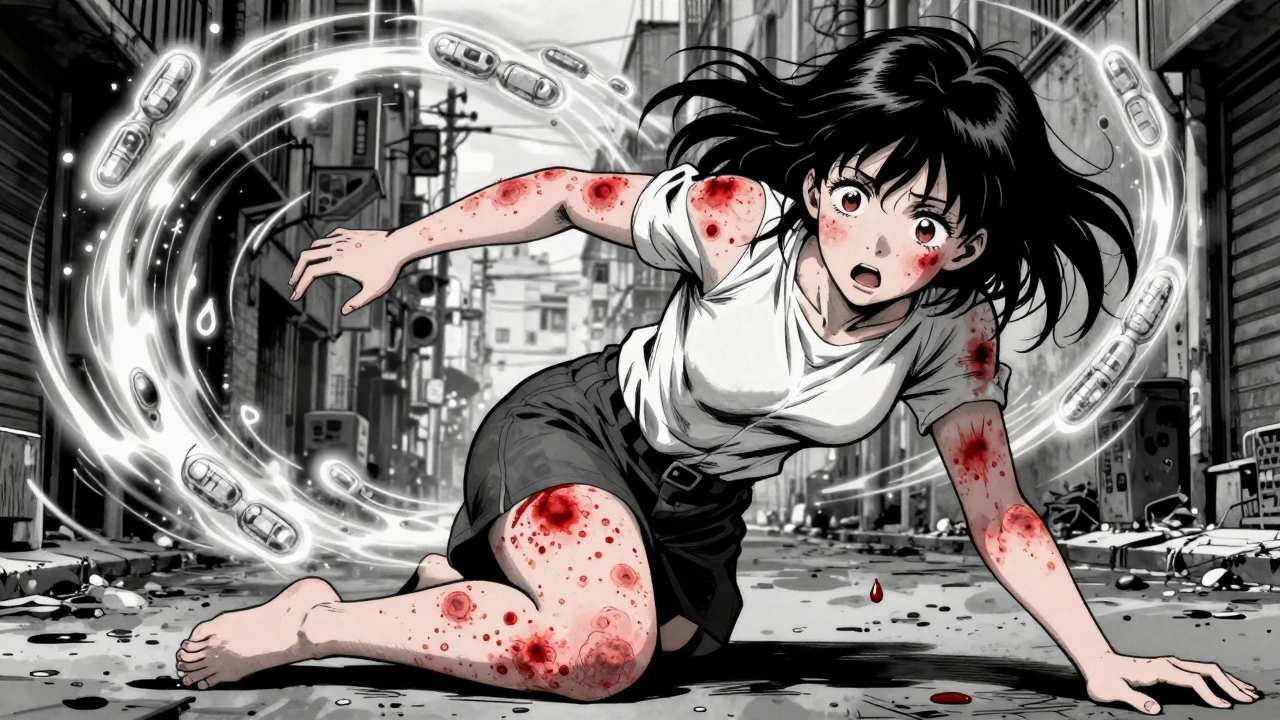 Woman collapsing with red hives and glowing IgE antibodies swirling behind her in dark urban setting