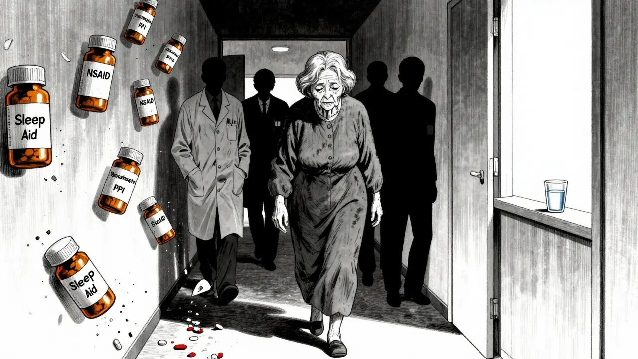 Woman walking past crumbling prescription bottles toward sunlight, symbolizing deprescribing.