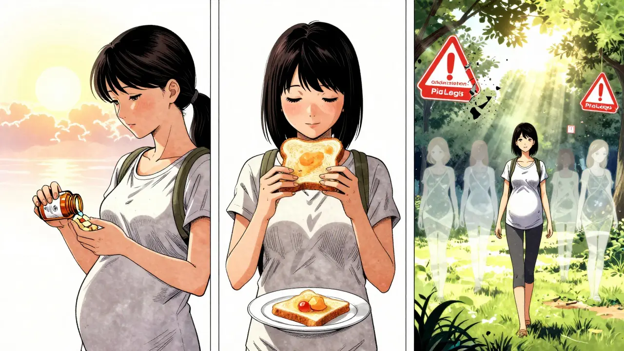 Woman walking through park as harmful medication symbols crumble behind her.