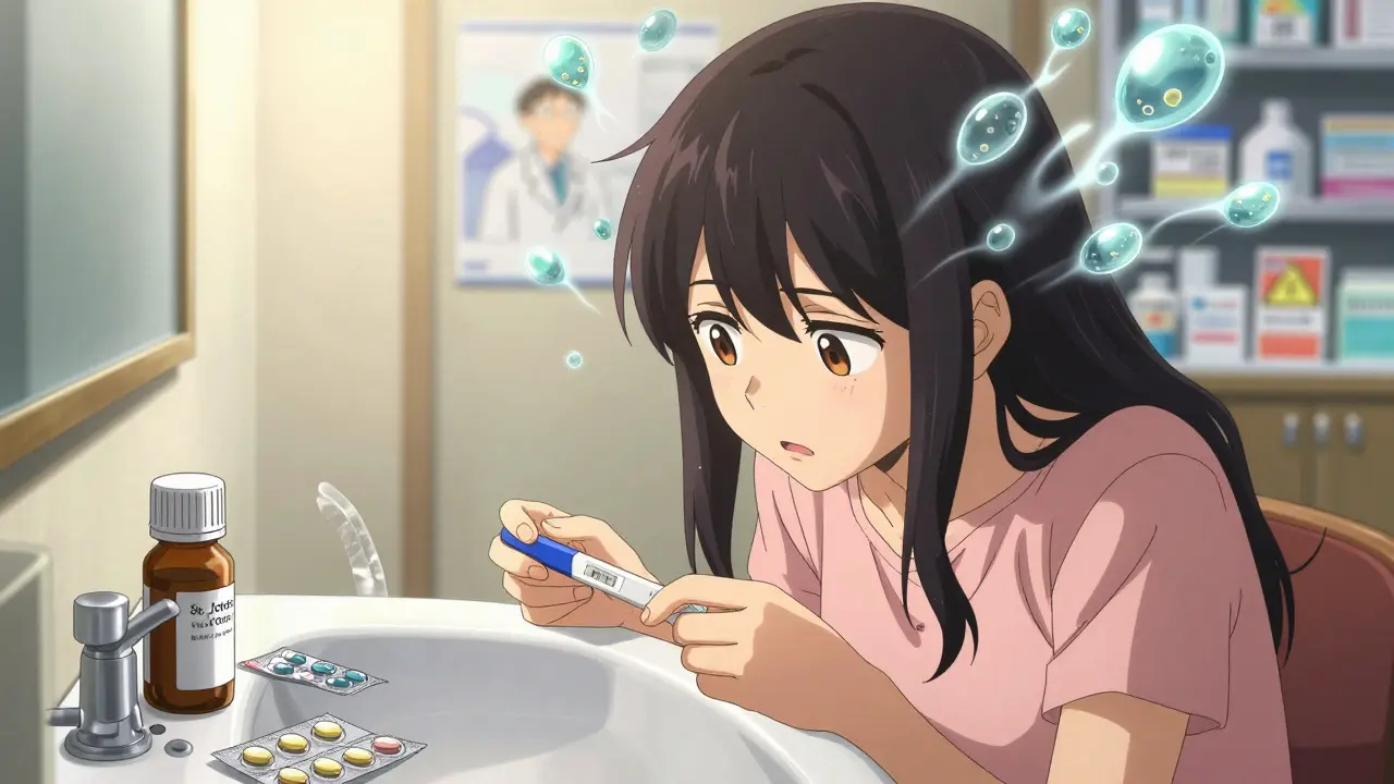 Young woman holding pregnancy test surrounded by birth control pills and St. John’s Wort bottle, serotonin molecules swirling like a storm above her.