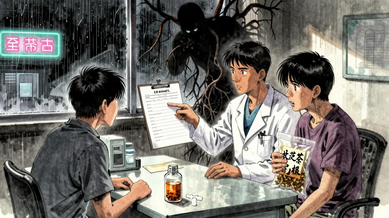 A doctor shows a low potassium blood test to a shocked patient, with a licorice plant looming behind them.