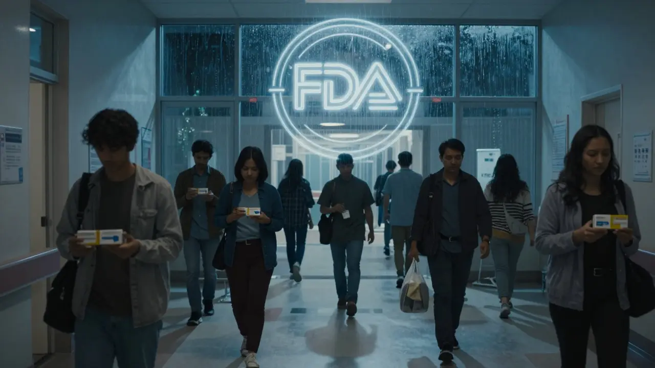A hospital corridor at night with patients and a glowing FDA seal overhead.