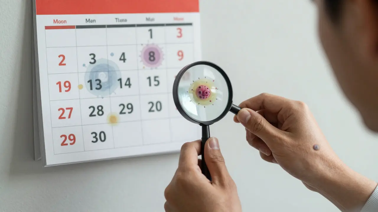 A patient examining a mole under magnification, with immune cells subtly visible in the background.