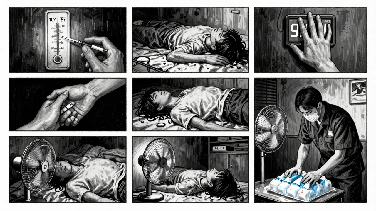 A person collapses from heat and drug overdose as paramedics respond in a dim, fan-blown apartment.