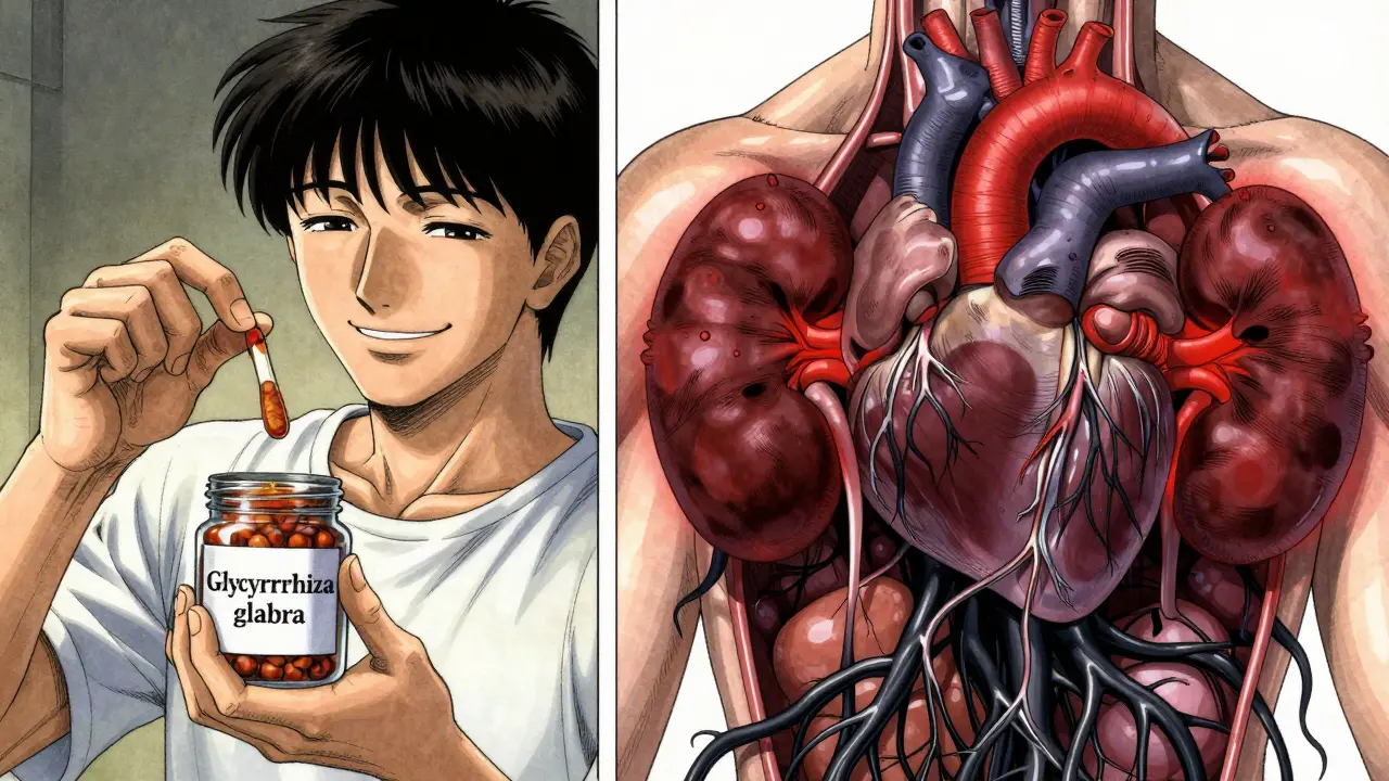 A person takes a licorice supplement while black roots choke their internal organs, draining potassium.