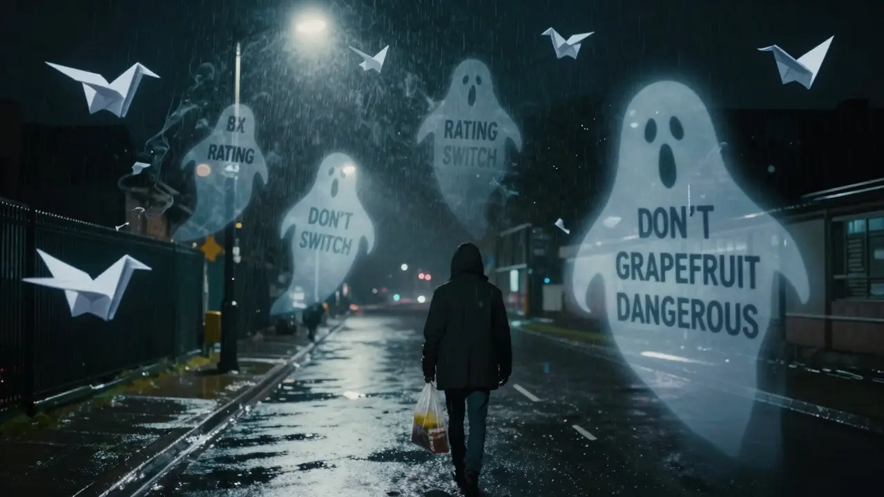 A person walking home at night with ghostly drug warning texts floating around them in the rain.