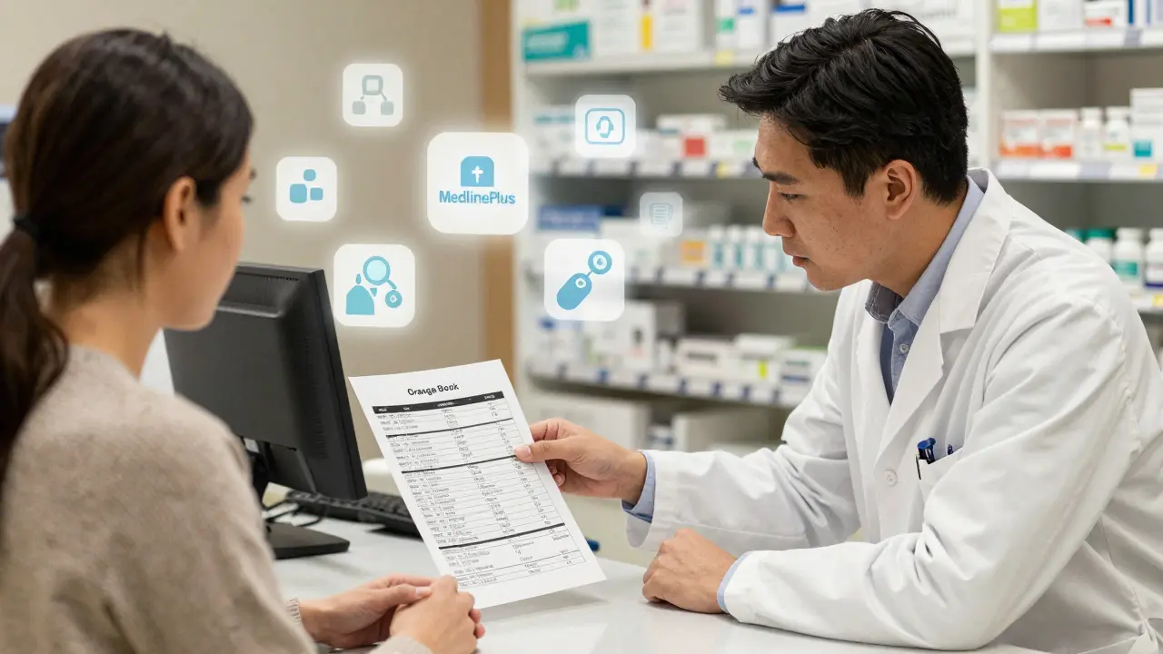 A pharmacist showing Orange Book therapeutic equivalence codes to a patient in a community pharmacy.