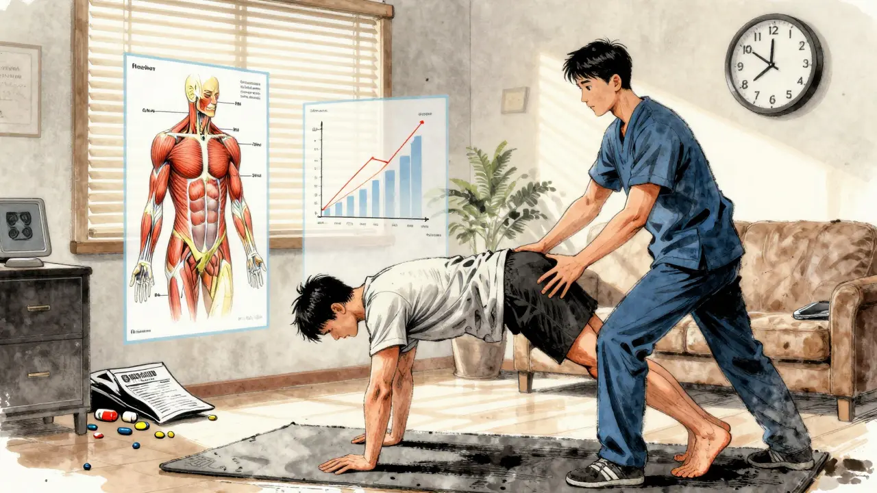 A physical therapist and patient performing a core exercise at home, with anatomical overlays in manga style.