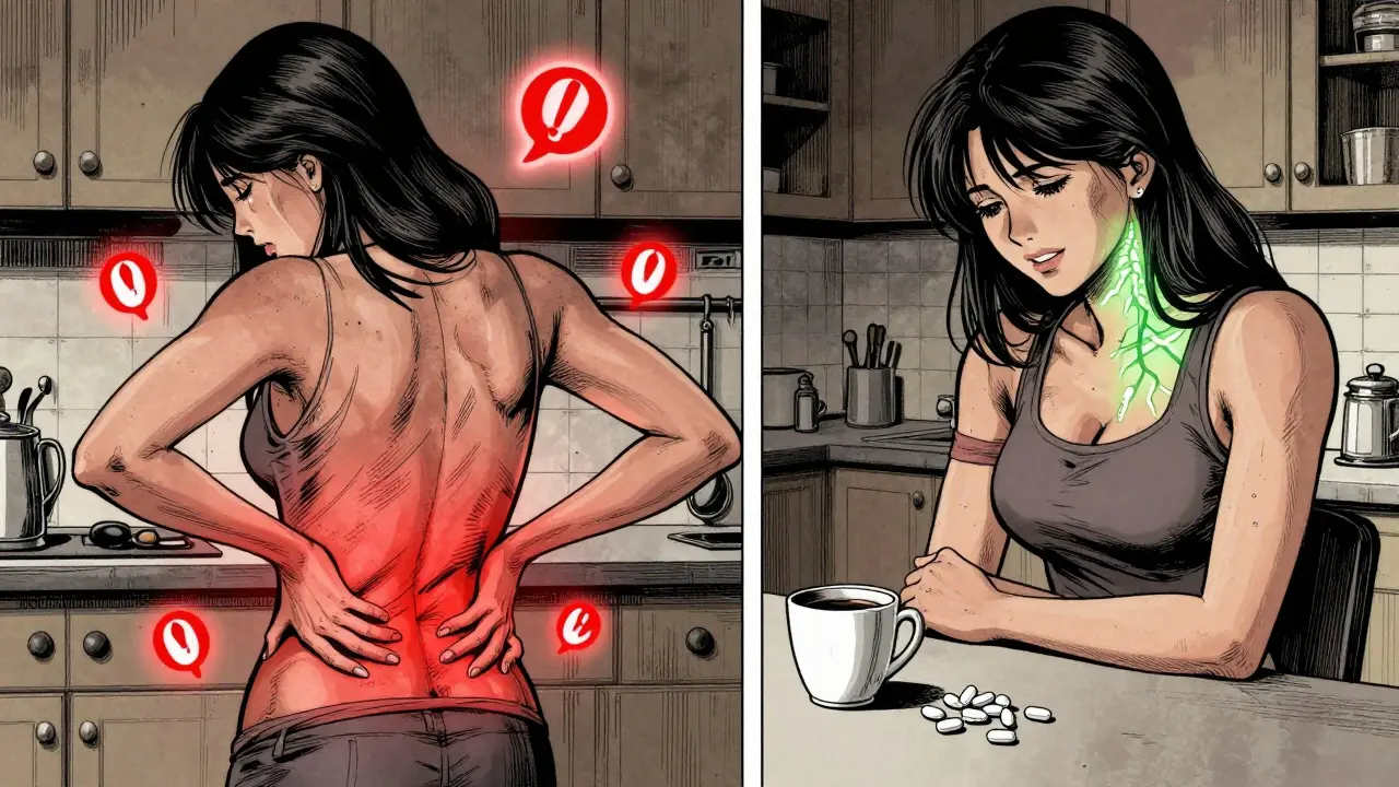 A woman experiences chronic pain on one side, while duloxetine pills bring quiet relief on the other in gritty manga style.