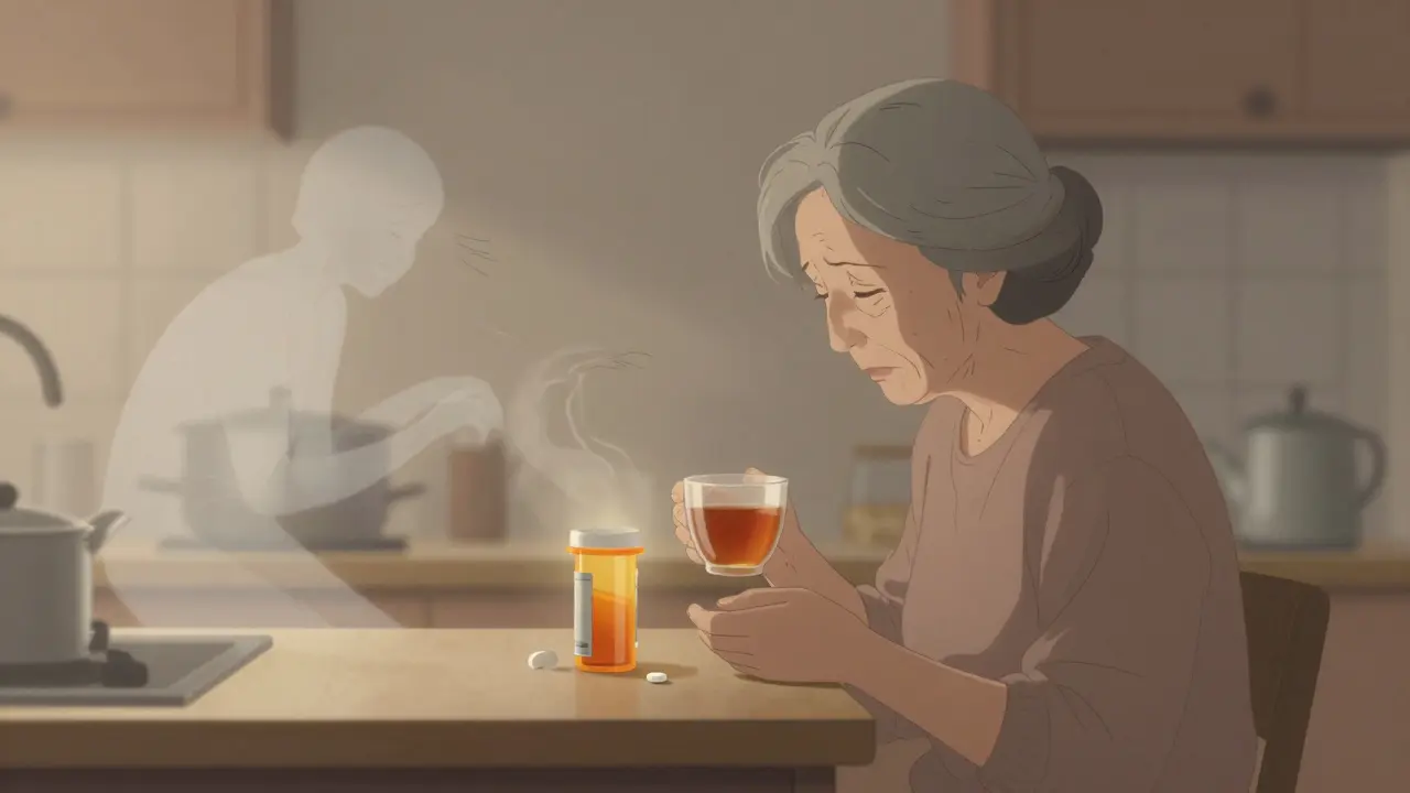 An elderly woman in a quiet kitchen, buspirone pill on counter as emotional burdens fade away.