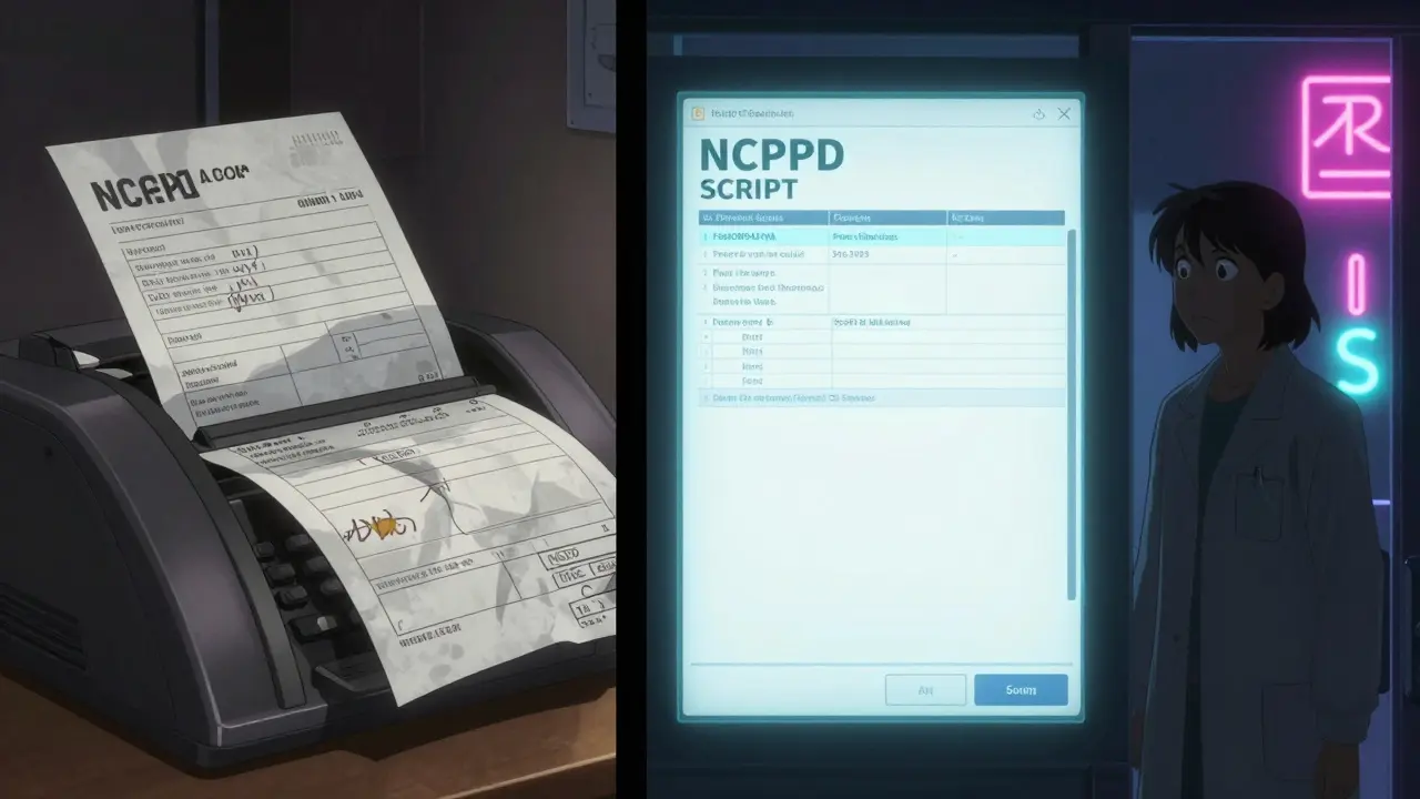 Contrast between a smudged faxed prescription and a clean electronic transfer screen in a dim pharmacy.