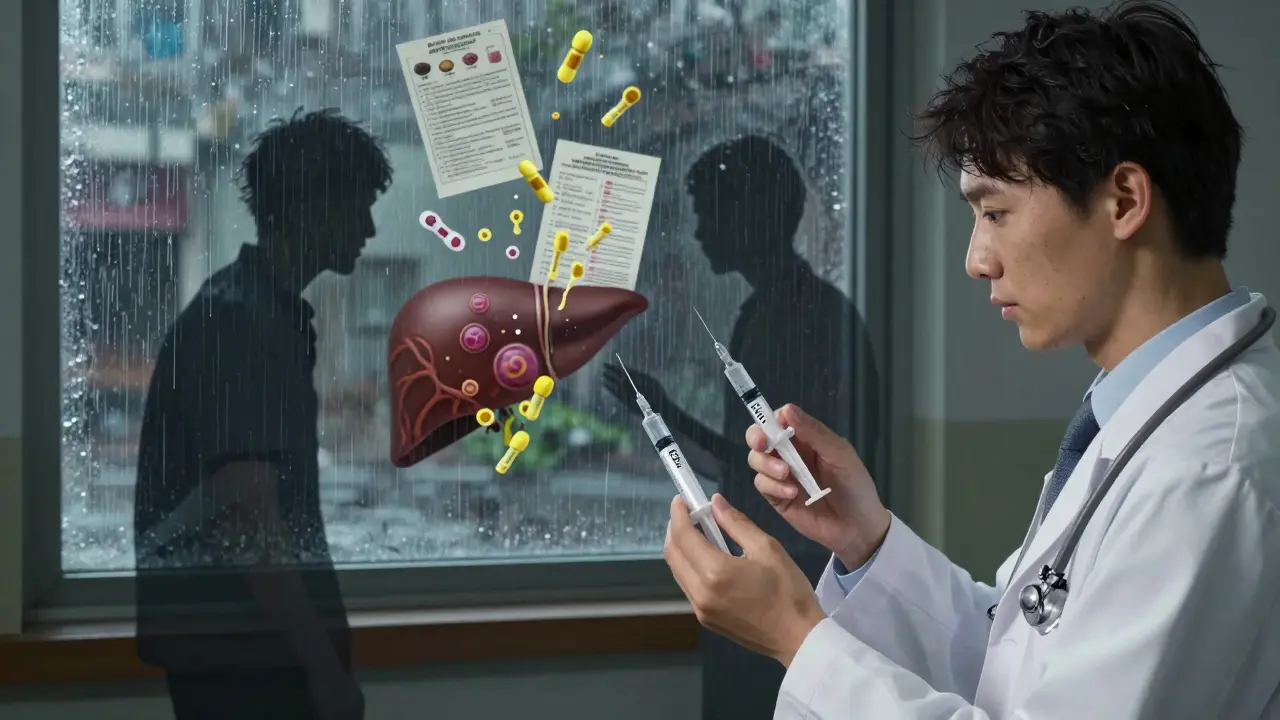 Doctor holding two syringes as patient's shadow splits, antibodies floating in rain-soaked hospital window.