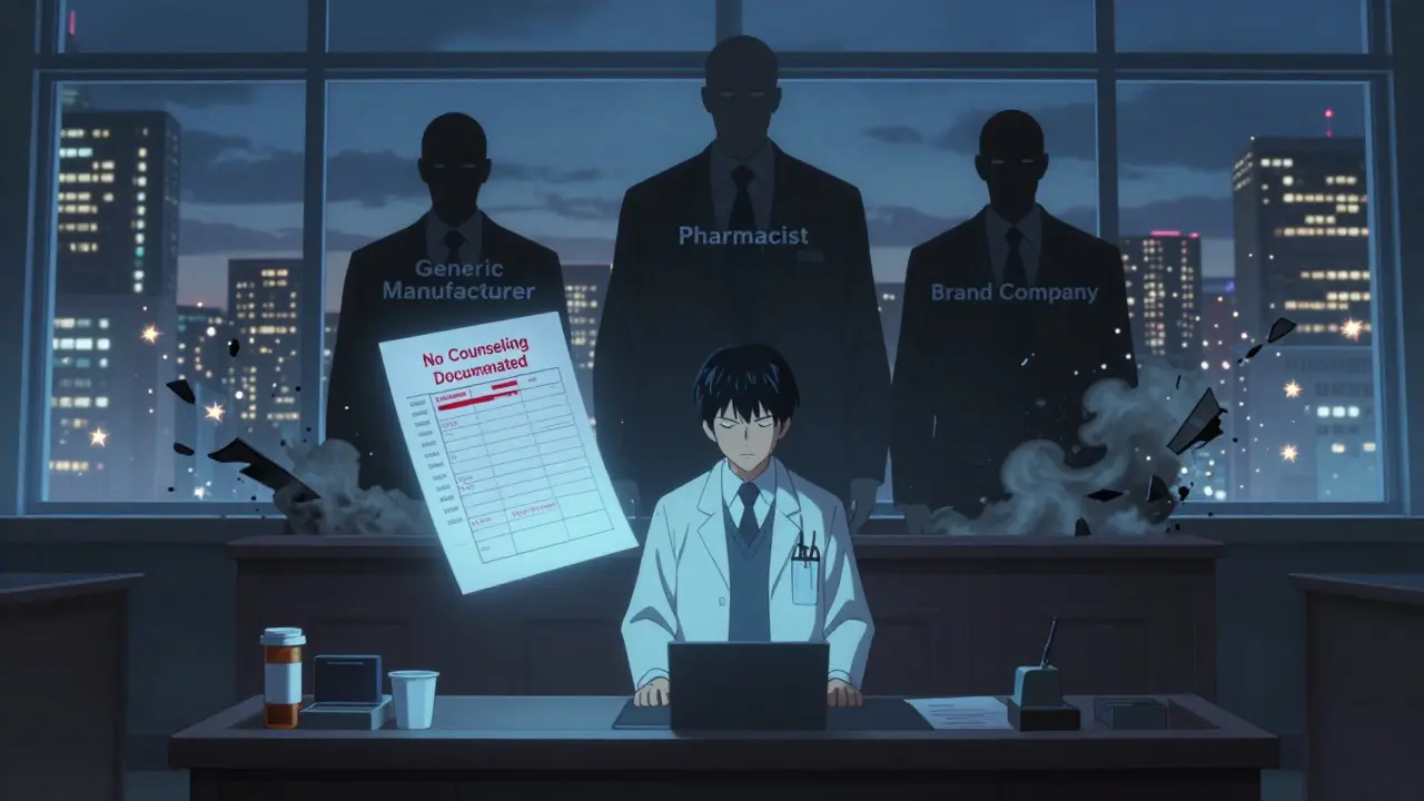 Doctor in courtroom surrounded by crumbling legal entities, floating medical chart glowing red.
