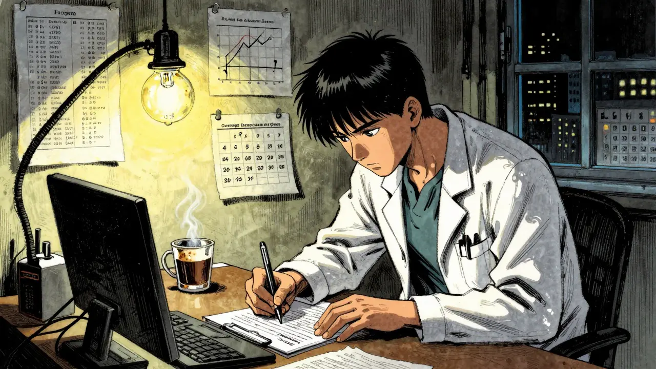 Doctor writing appeal form at night, surrounded by medical charts and lab results under a single bulb.