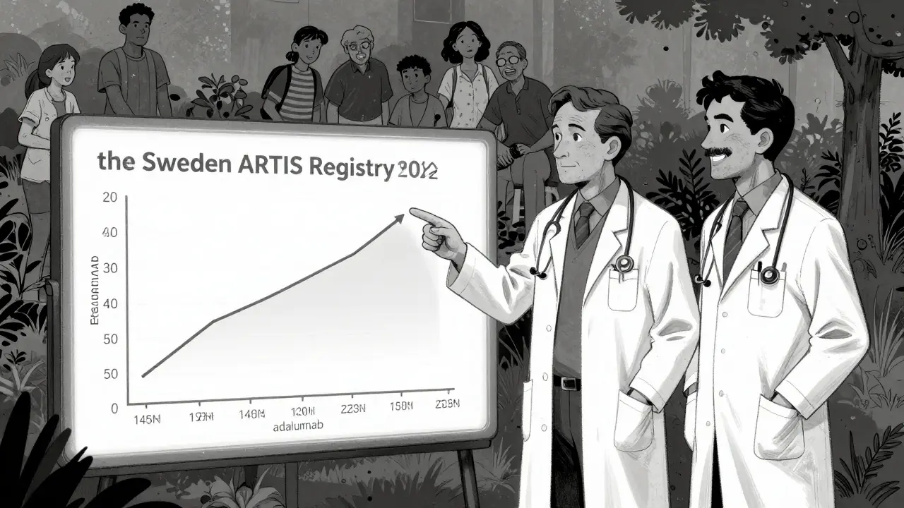 Doctors analyzing cancer risk data with patients living normally in the background.