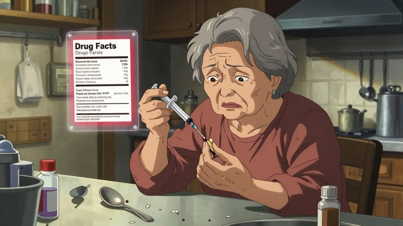 Elderly woman carefully measuring liquid medicine with a syringe, kitchen spoons nearby.