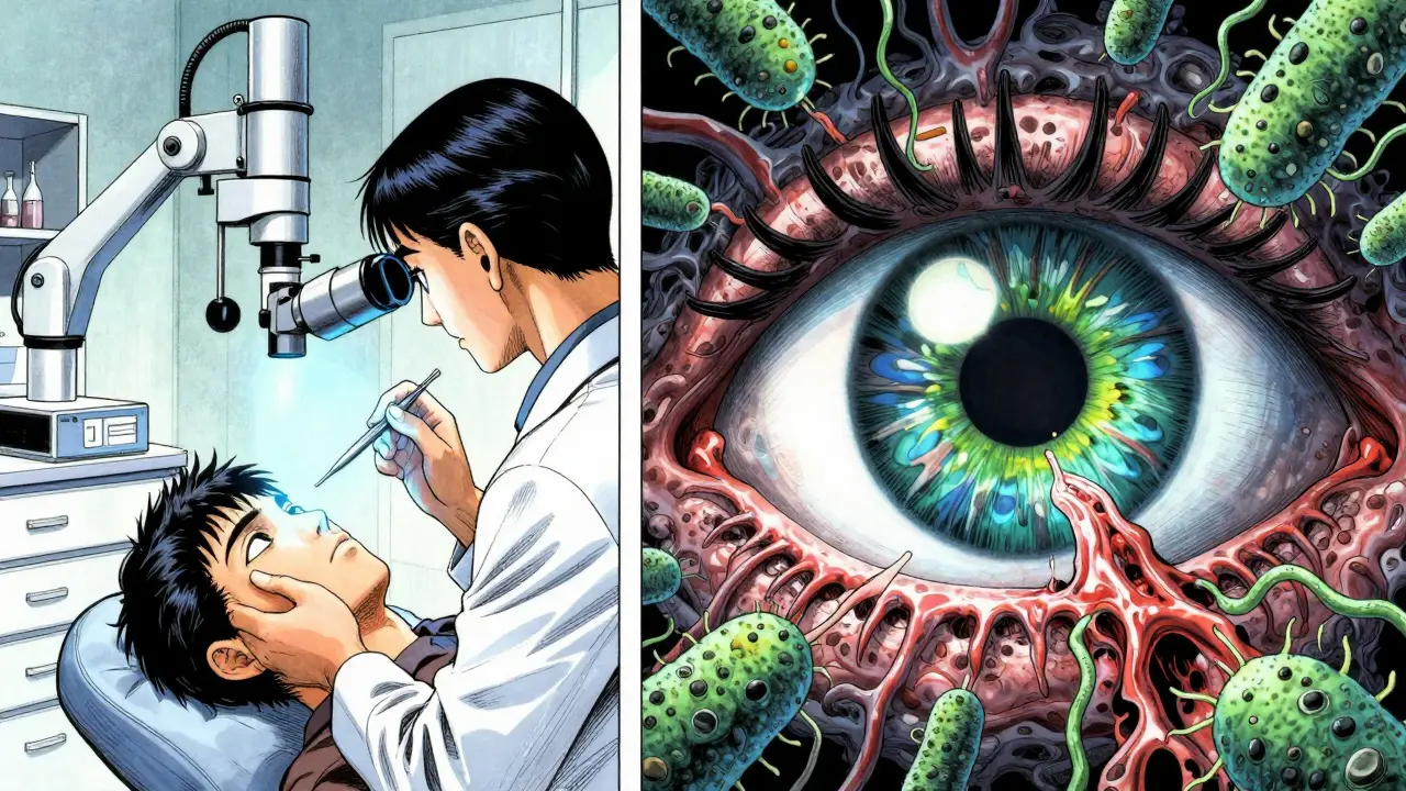 Eye doctor examining a patient's cornea under blue light, with magnified microbes devouring tissue in the background.