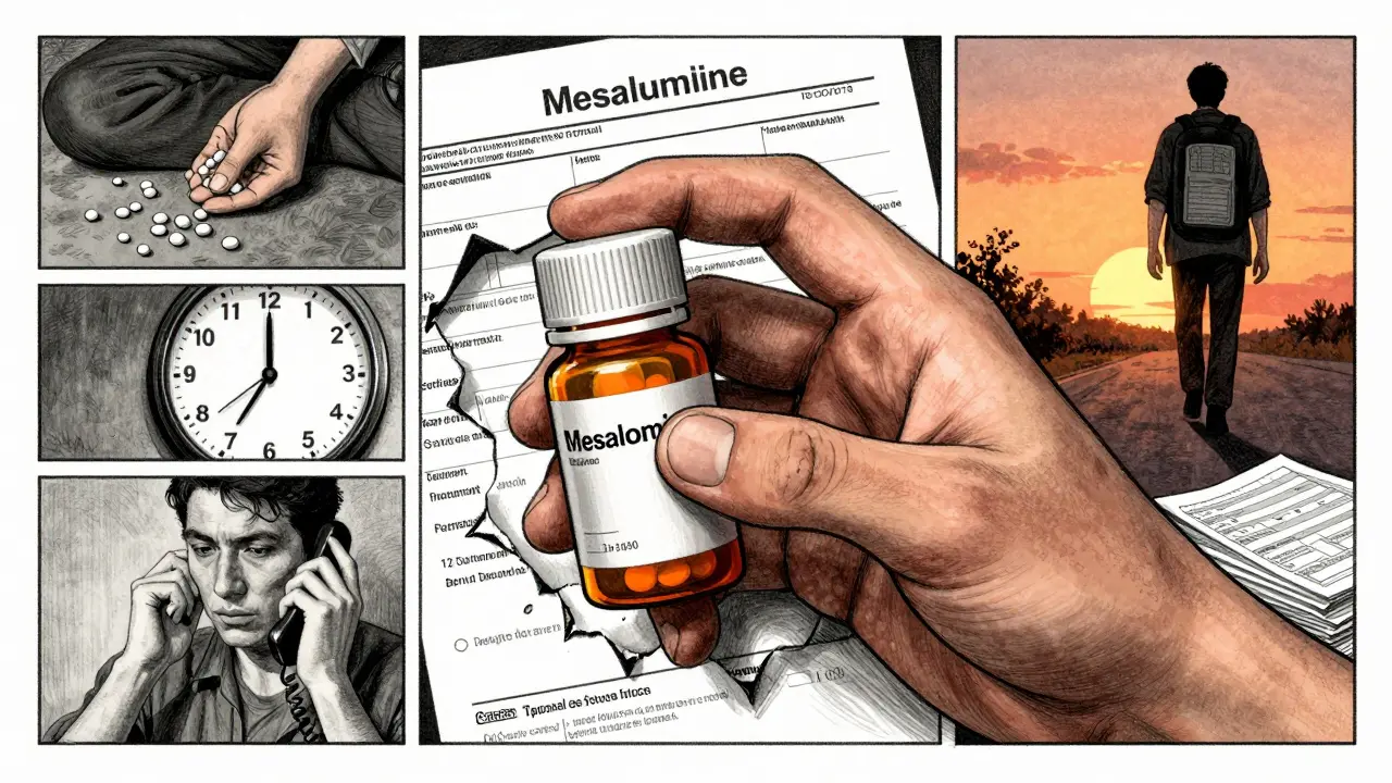 Hand gripping a pill bottle amid fragmented scenes of denial and appeal, with sunrise in background.