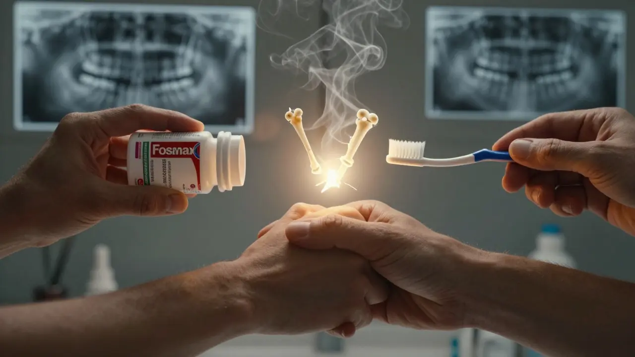 Hands holding pill bottle and toothbrush, glowing fractured jawbone between them