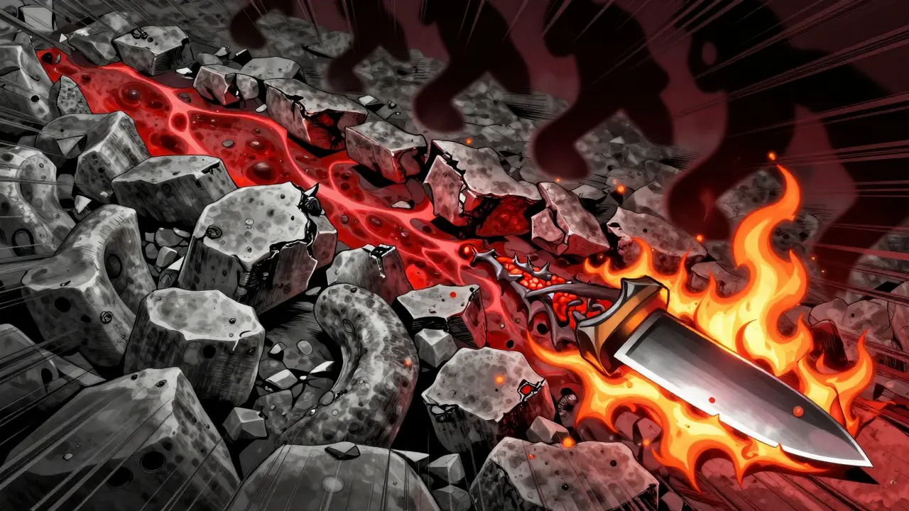 Liver biopsy slide transformed into a battlefield with crumbling ducts and fiery wounds, blood and ash tones.