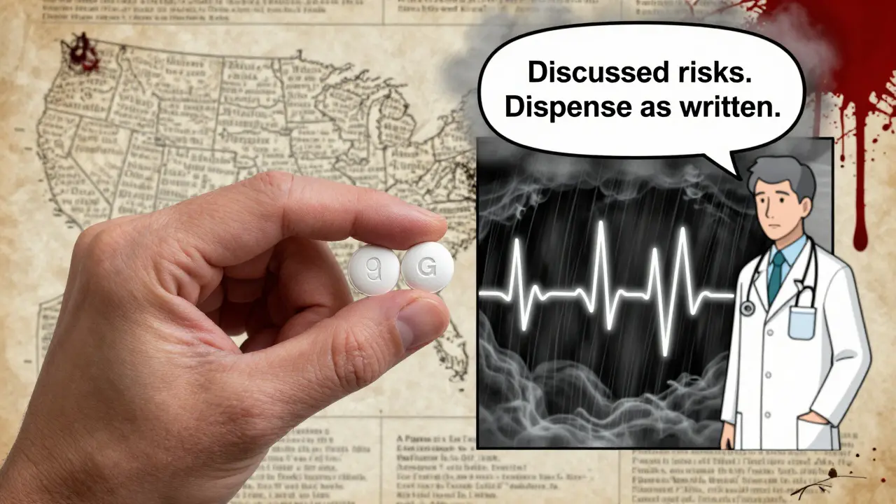 Patient's hand holding two pills with internal body effects split-screen, state laws fading in background.