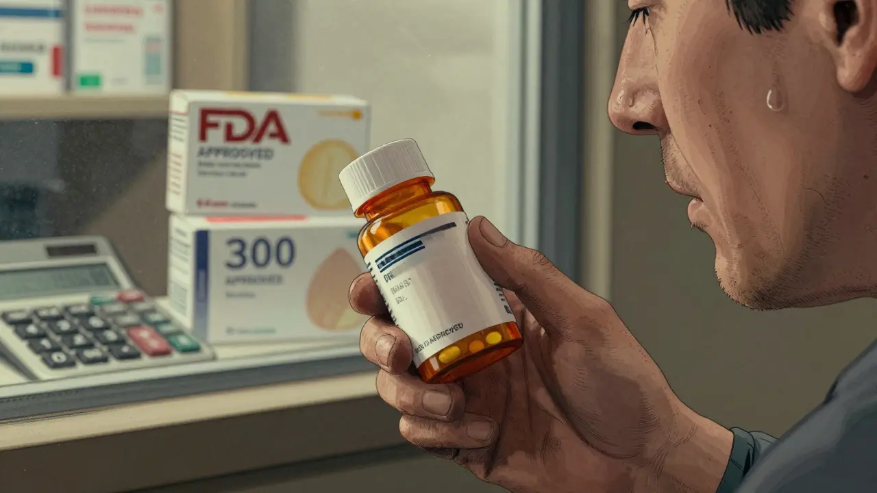 Patient holding a generic pill bottle, memories of brand-name pills fading around them, tear on cheek.